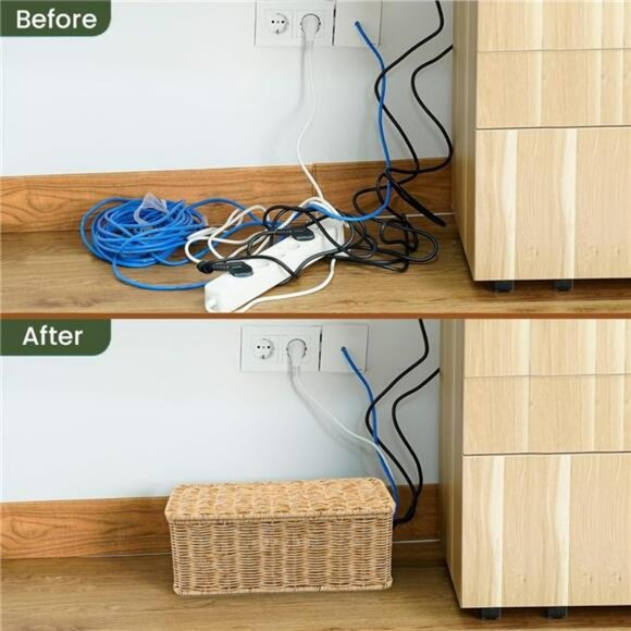 Rattan Cable Organizer Box Cord Hider Power Strip Storage Under Desk Natural - Picture 4 of 7